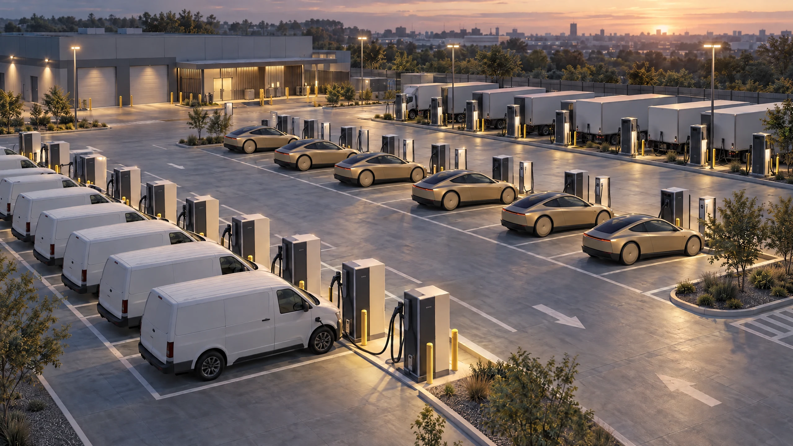 Conceptual energy depot with Cybercab robotaxis, cargo vans and unbranded charging equipment