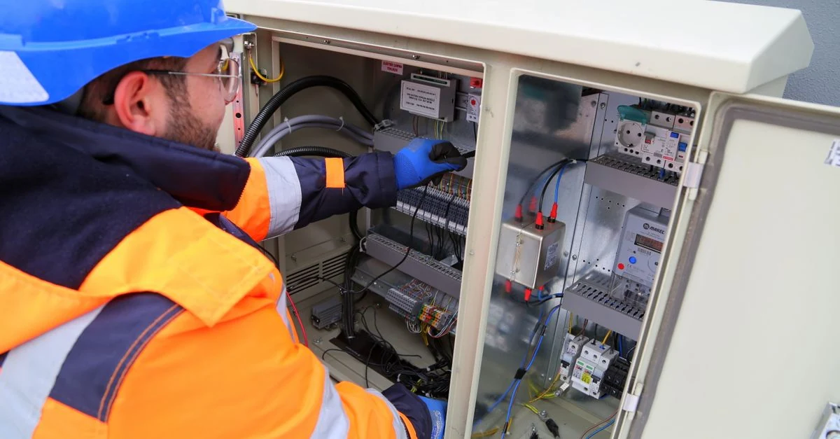 Reference photograph of a technician in safety equipment inspecting an outdoor electrical panel